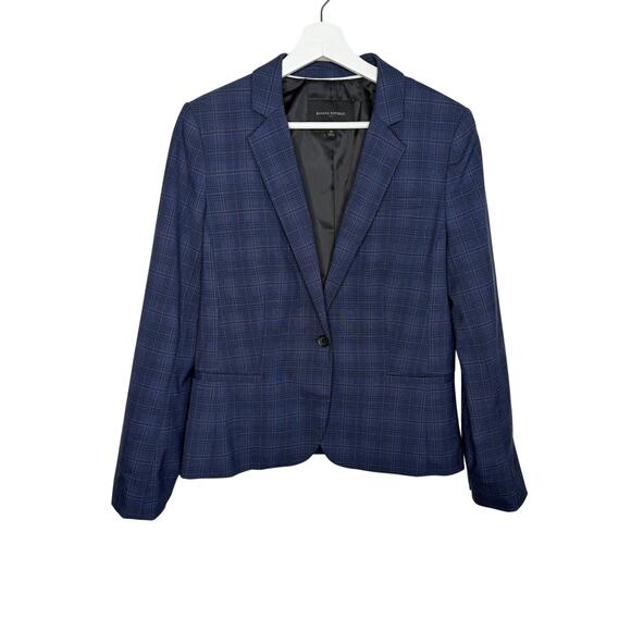 Banana Republic Plaid Long Sleeve Single-Breasted Blazer Blue Women's Size 10 - Picture 2 of 9